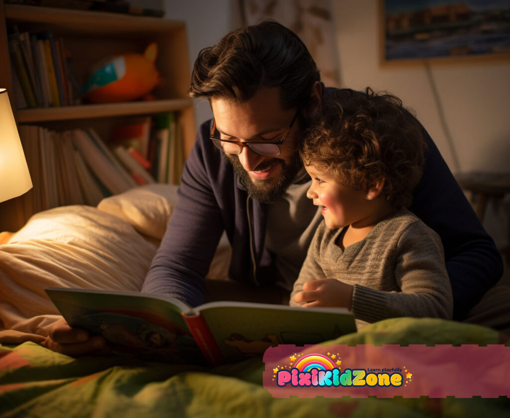 Father and daughter reading a foreign language book together, focused on the text - PixiKidZone.com