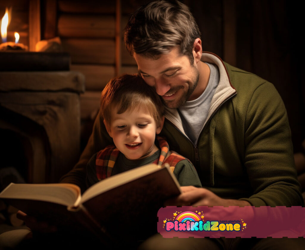 Father and son engrossed in reading a foreign language book together, concentrating on the content - PixiKidZone.com