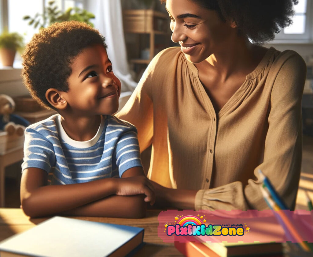 Mother and son studying together while making eye contact - PixiKidZone.com