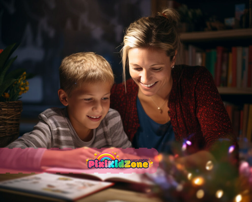 Mother and son studying a language textbook together, looking intently at the book - PixiKidZone.com