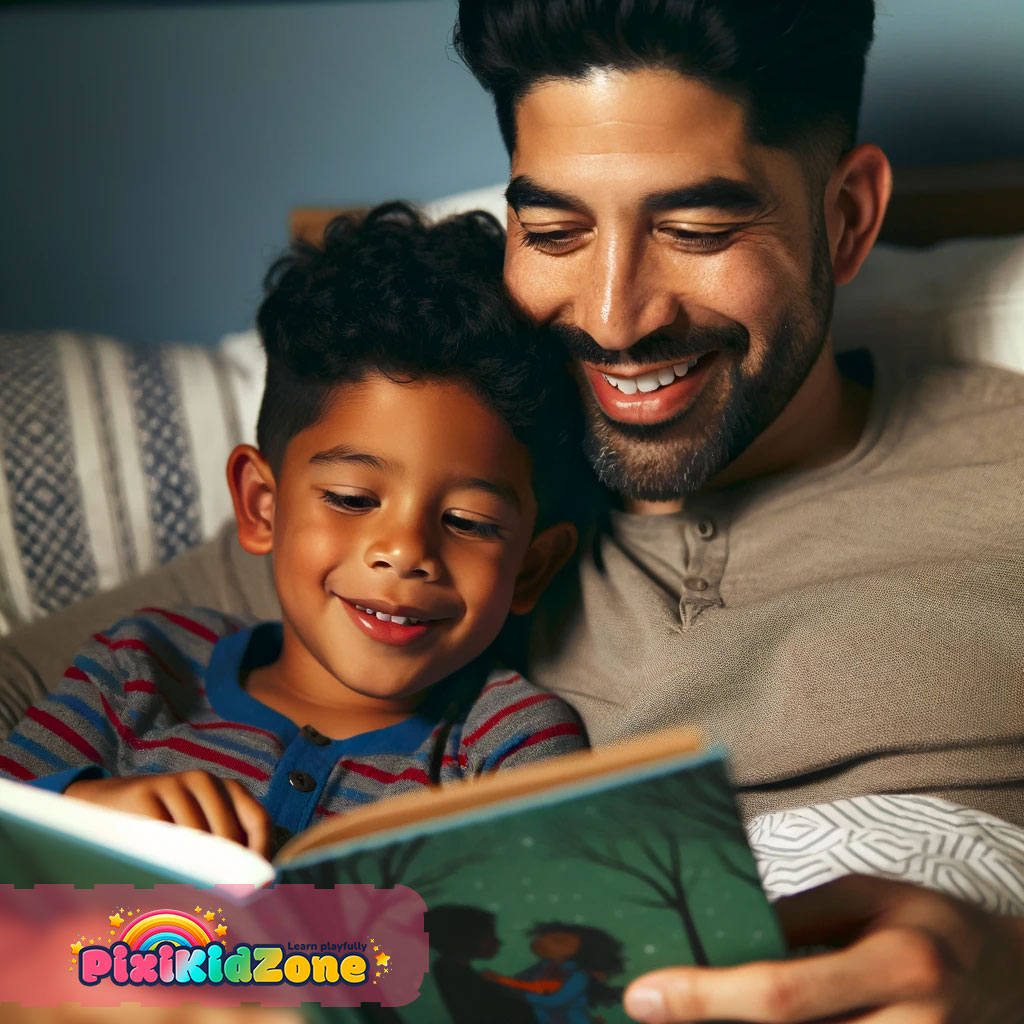 Father and son share a bedtime story.