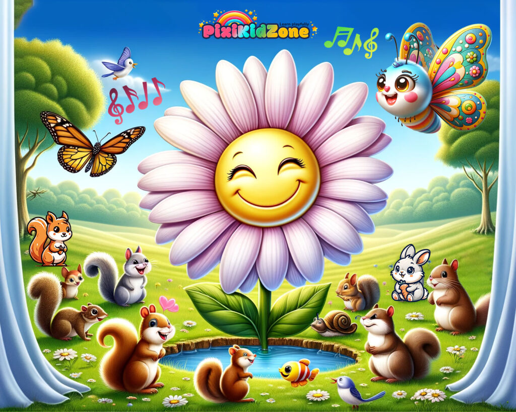 Joyful garden scene with smiling flower, butterfly, squirrels, fish, and birds. PixiKidZone.com