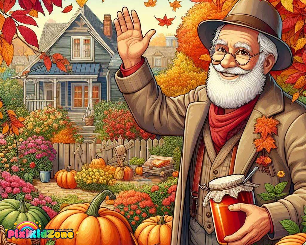 Uncle Autumn holds his jam in the autumn garden - pixikidzone.com