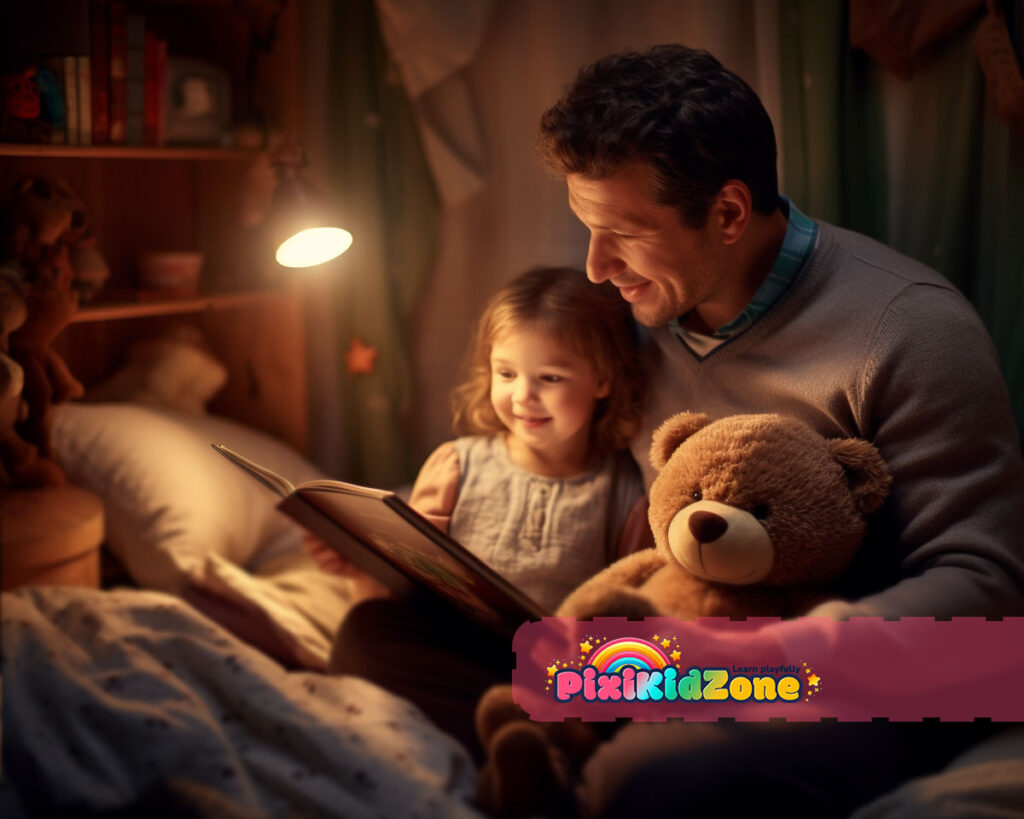 Dad reads a bedtime story to his daughter