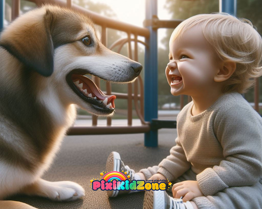 Dog and a small child facing each other