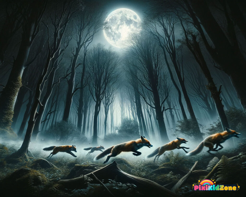 Foxes flee in the dark forest