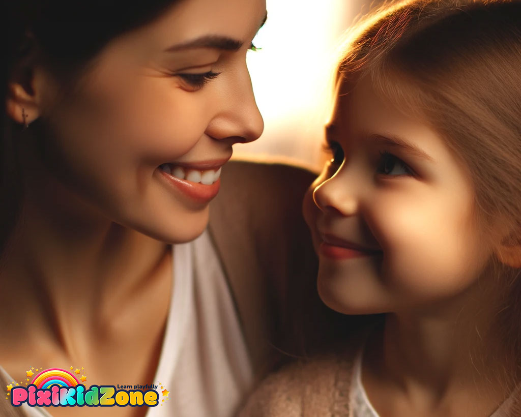 Girl and her mother now gently smiling and gazing