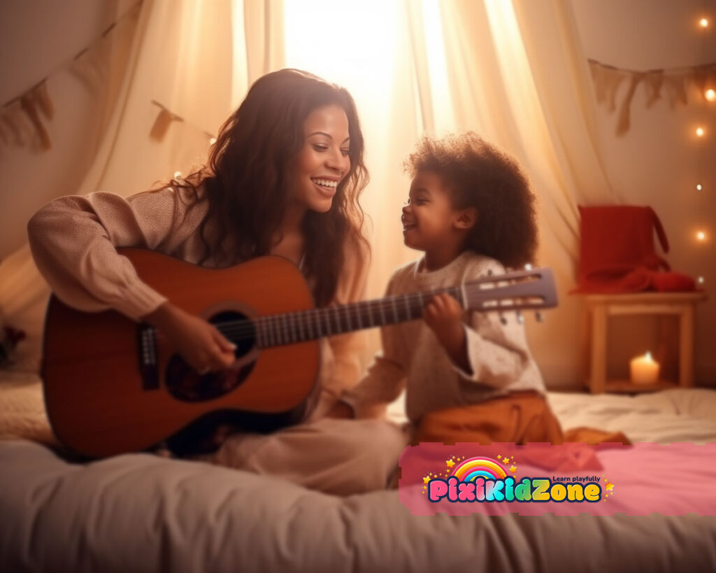 Mother and daughter play the guitar and sing