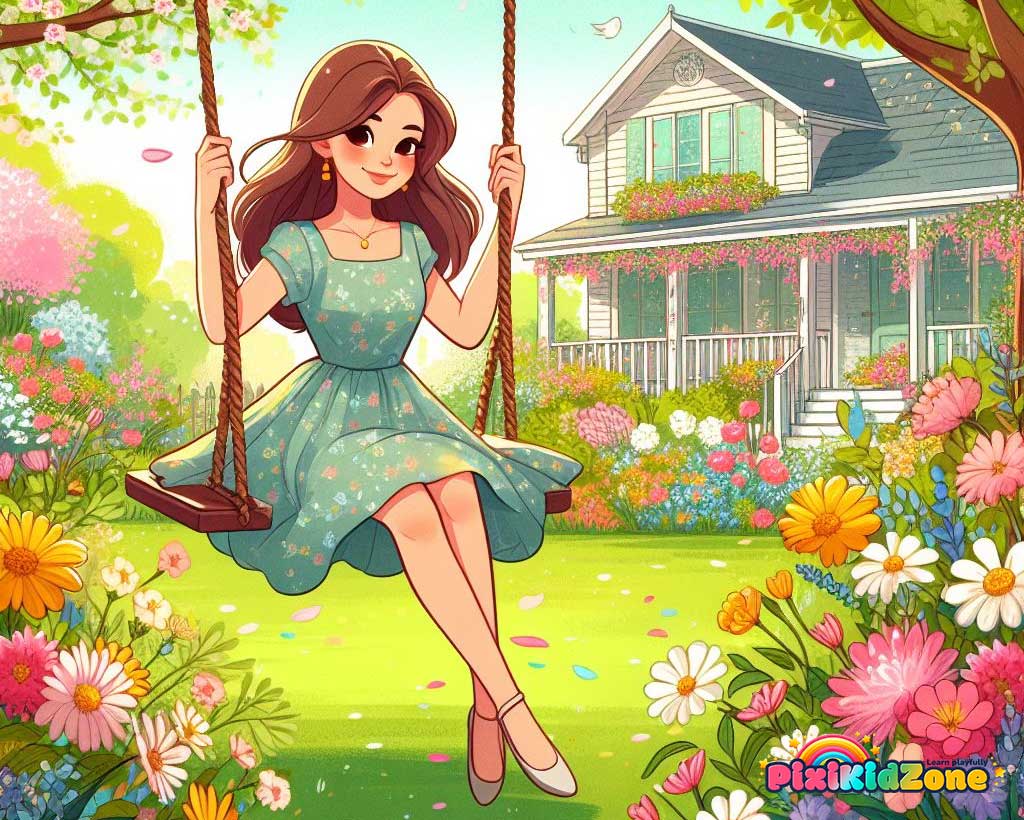 Spring girl swings in the spring garden - pixikidzone.com