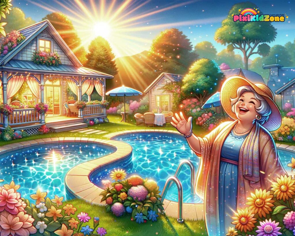 Mama Summer giggles in her house's garden with a swimming pool - pixikidzone.com