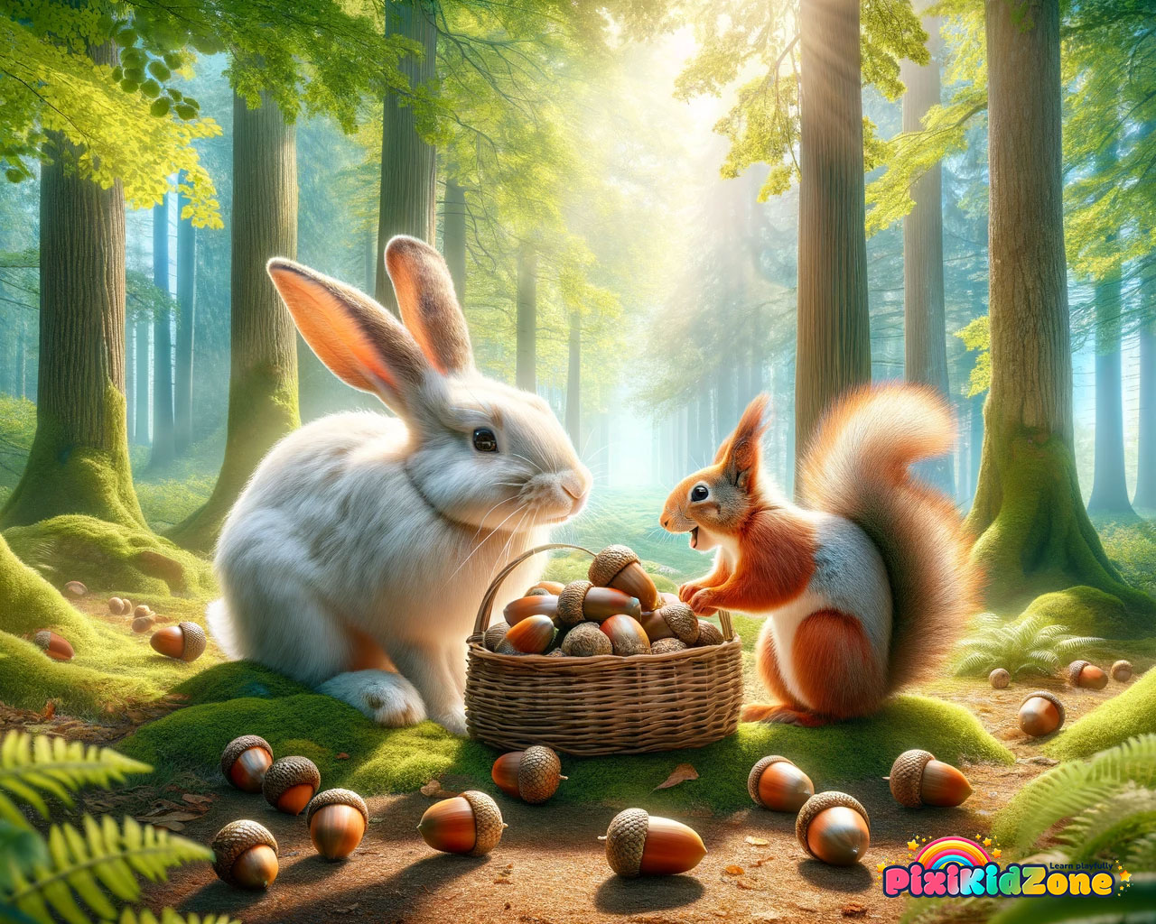 The rabbit and the squirrel gather acorns