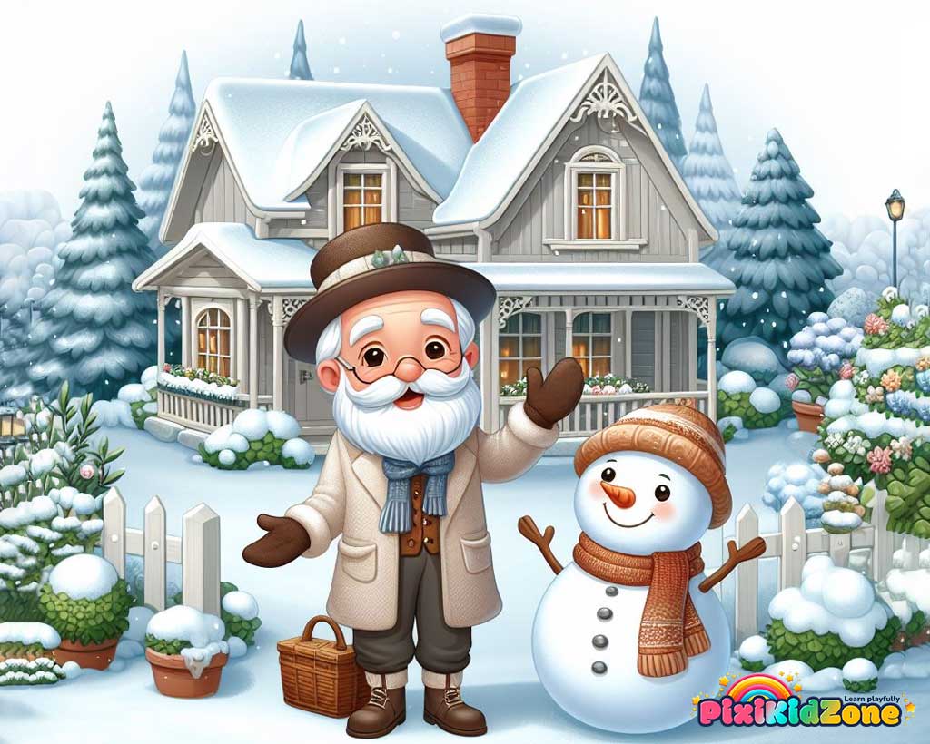 Papa Winter and the snowman wave in the winter garden - pixikidzone.com