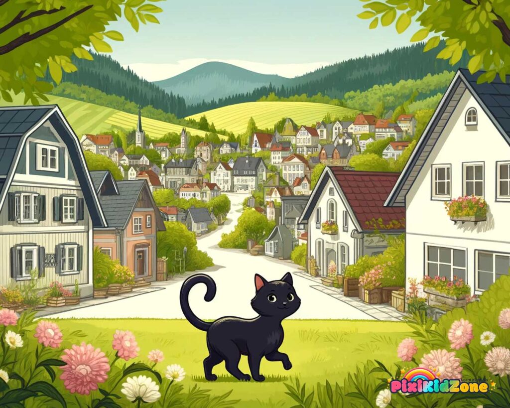 Black cat walking between houses in a charming small town - PixiKidZone.com