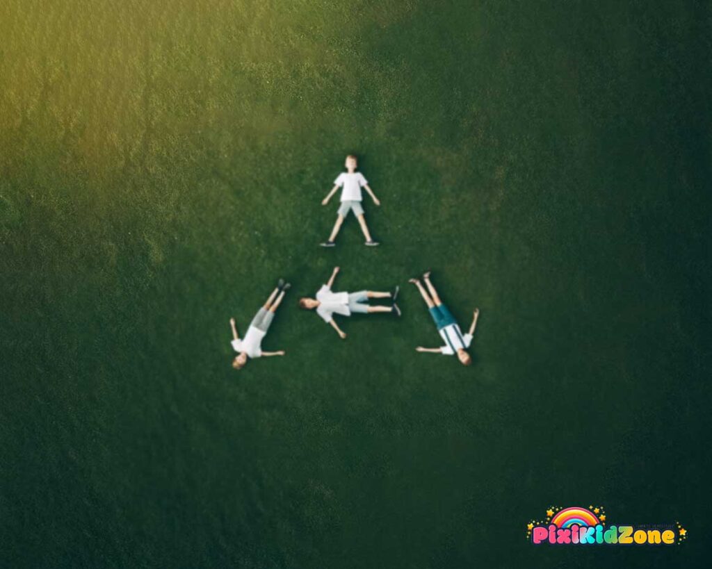 Children forming the letter A with their bodies while lying on the ground - pixikidzone.com