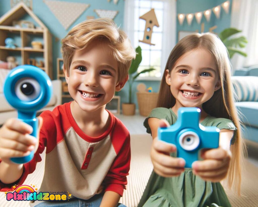 Children in a living room each holding up a blue toy - pixikidzone.com