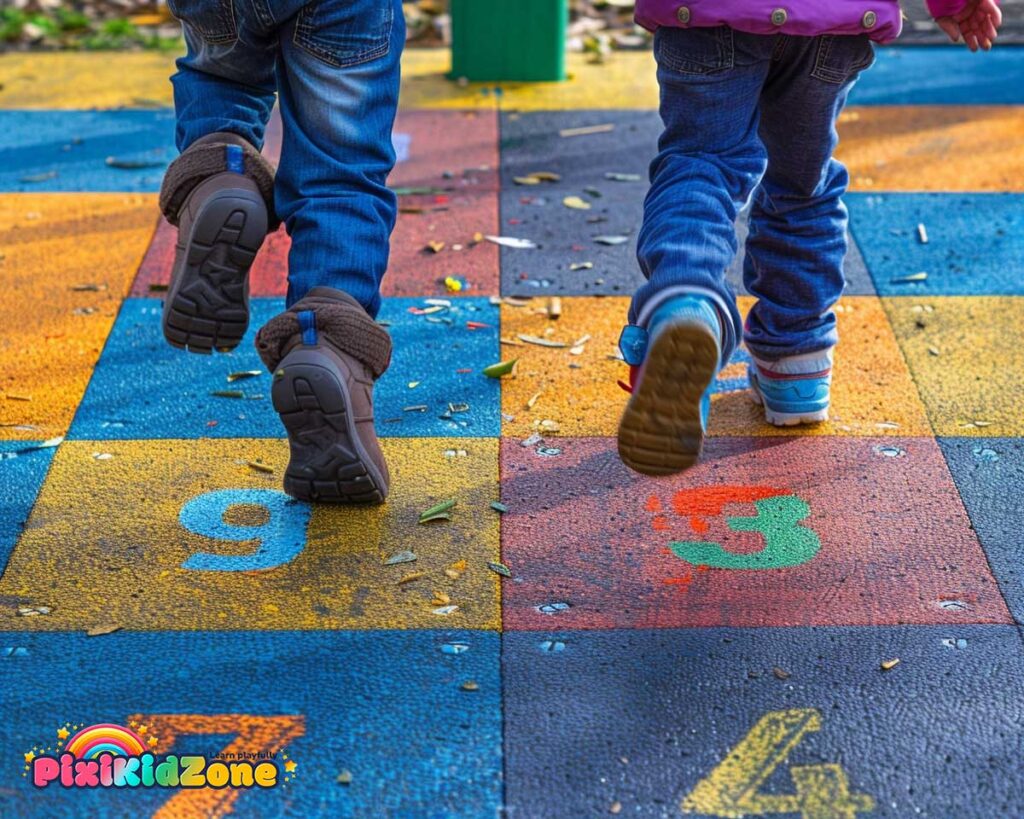 Children playing on a hopscotch grid with numbered squares - pixikidzone.com