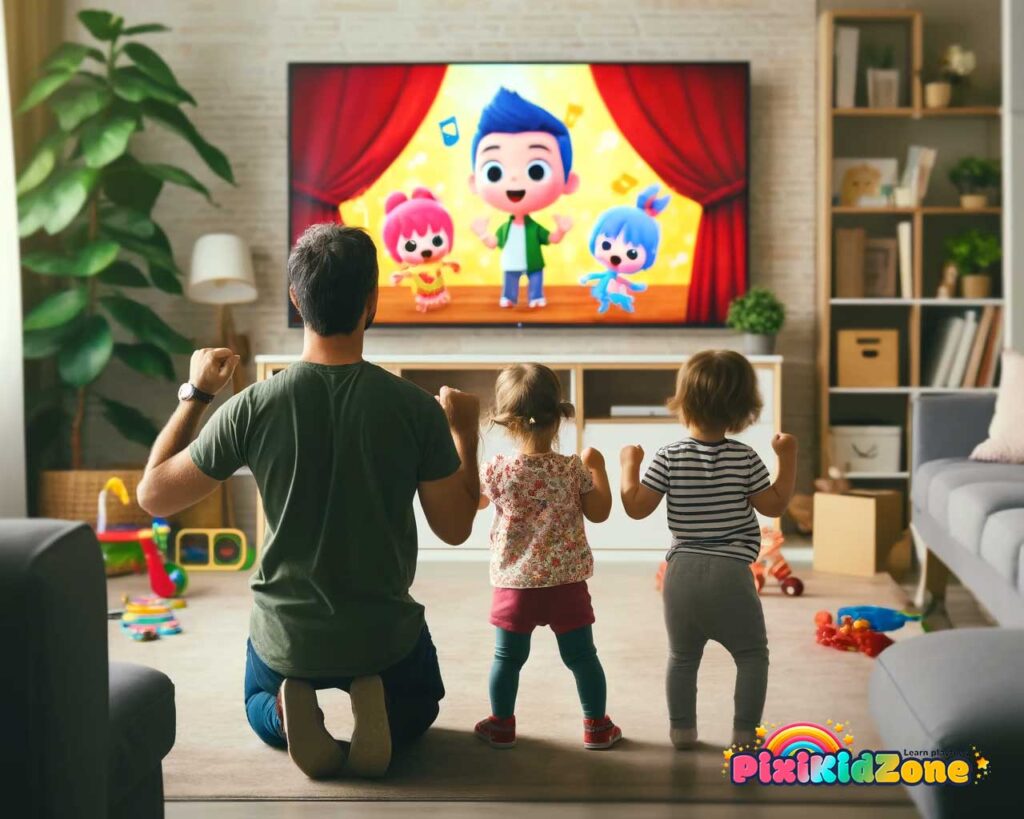 Father and his two small children dancing in front of a TV - pixikidzone.com