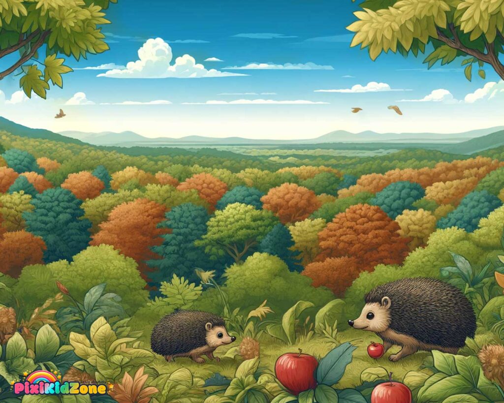 Hedgehogs in forest with apples - pixikidzone.com