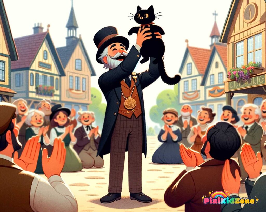 Mayor of a charming small town lifting a black cat above his head - PixiKidZone.com