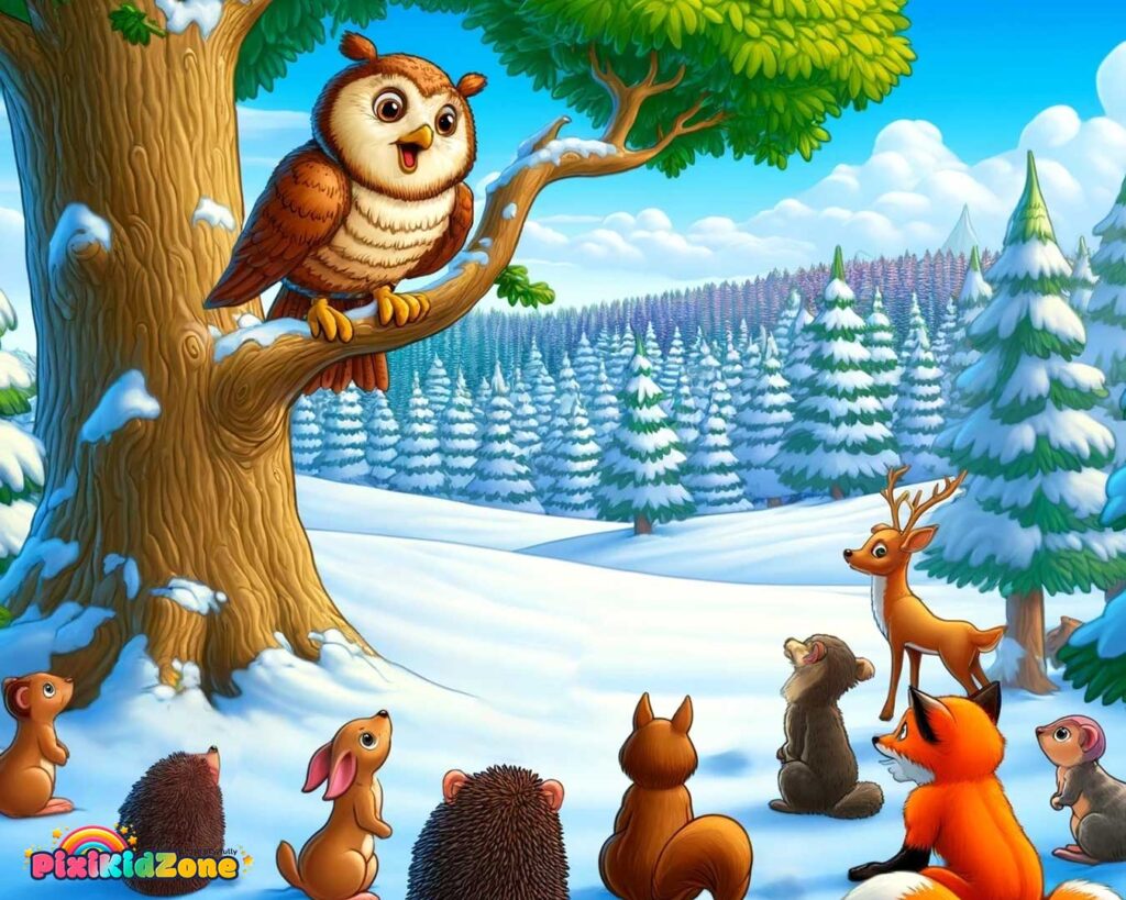 Wise owl tells the animals his ideas - pixikidzone.com