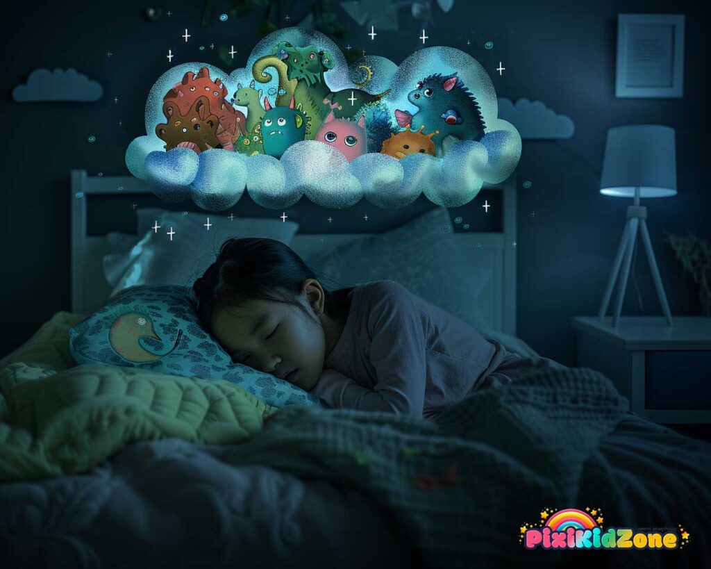 Young girl sleeping and her thought bubble of imaginary monsters - pixikidzone.com