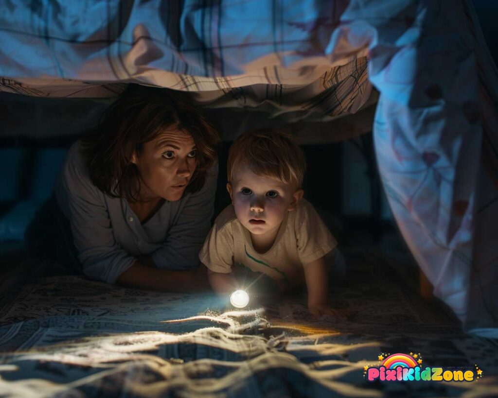 Young boy and his mother flashlight under the bed to find monsters - pixikidzone.com