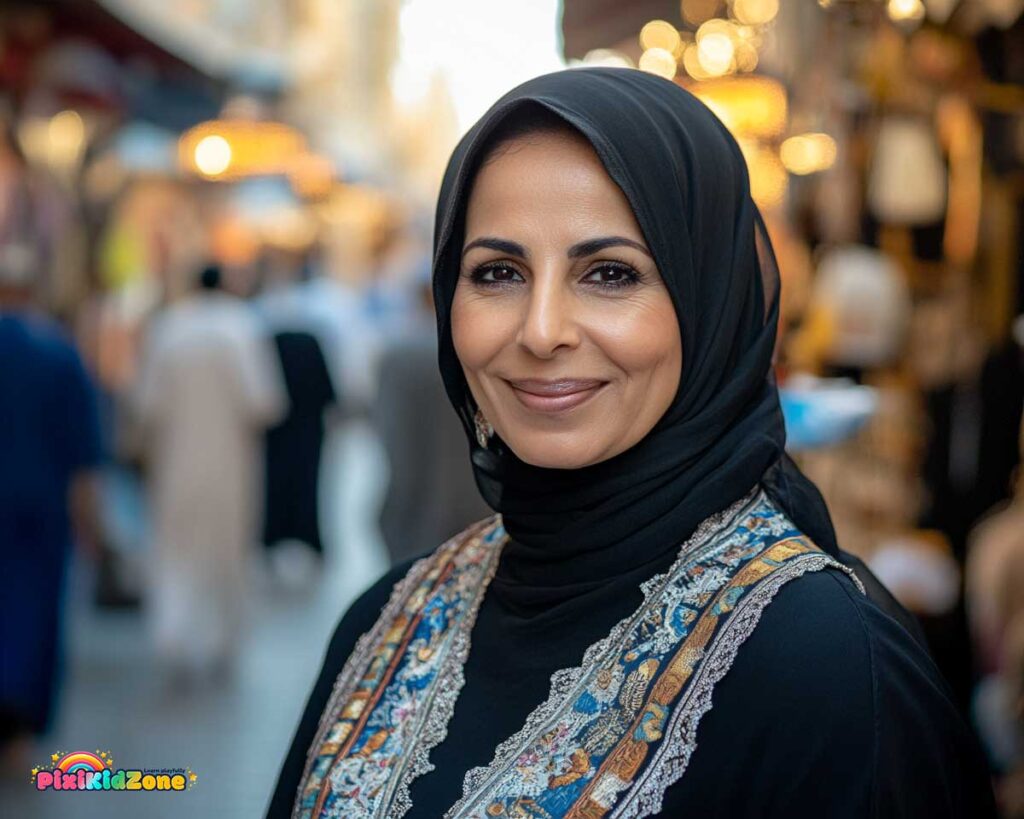 Arab woman is standing in a hijab and smiling - pixikidzone.com