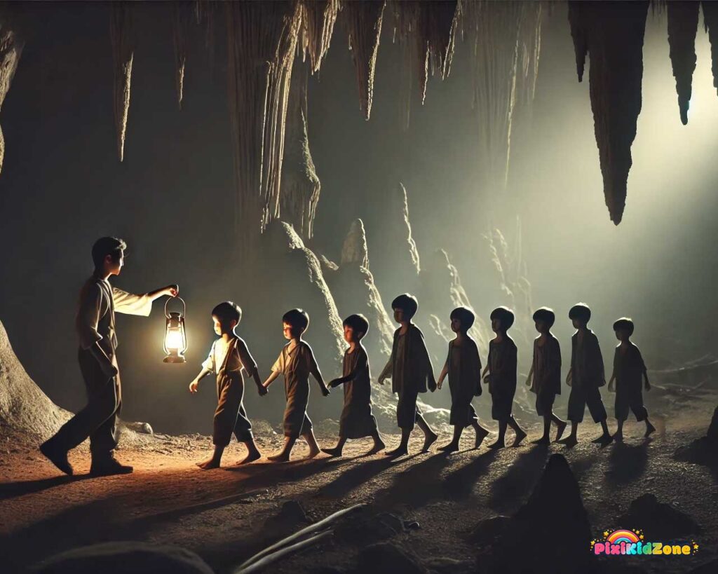 Children leave the cave