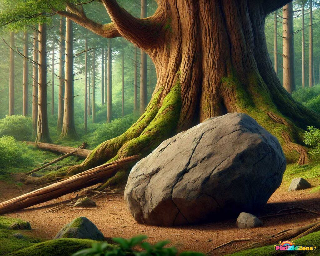 Large stone rolled in front of the tree - pixikidzone.com