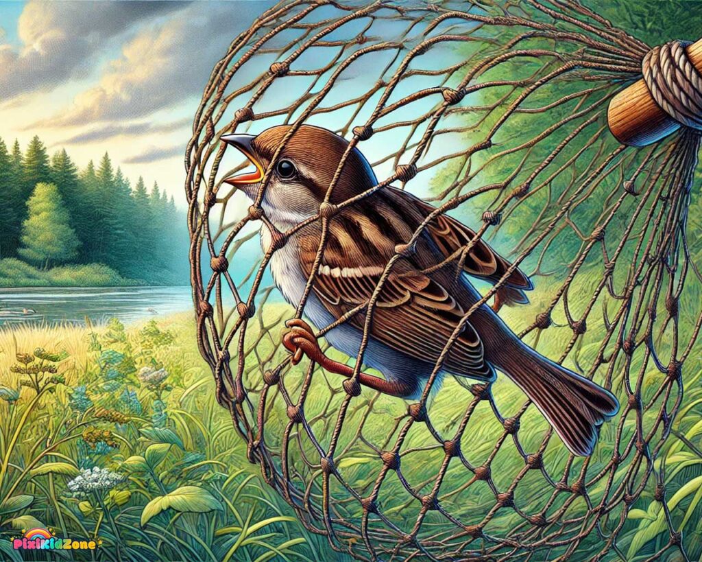 Sparrow struggles tangled in the net - pixikidzone.com