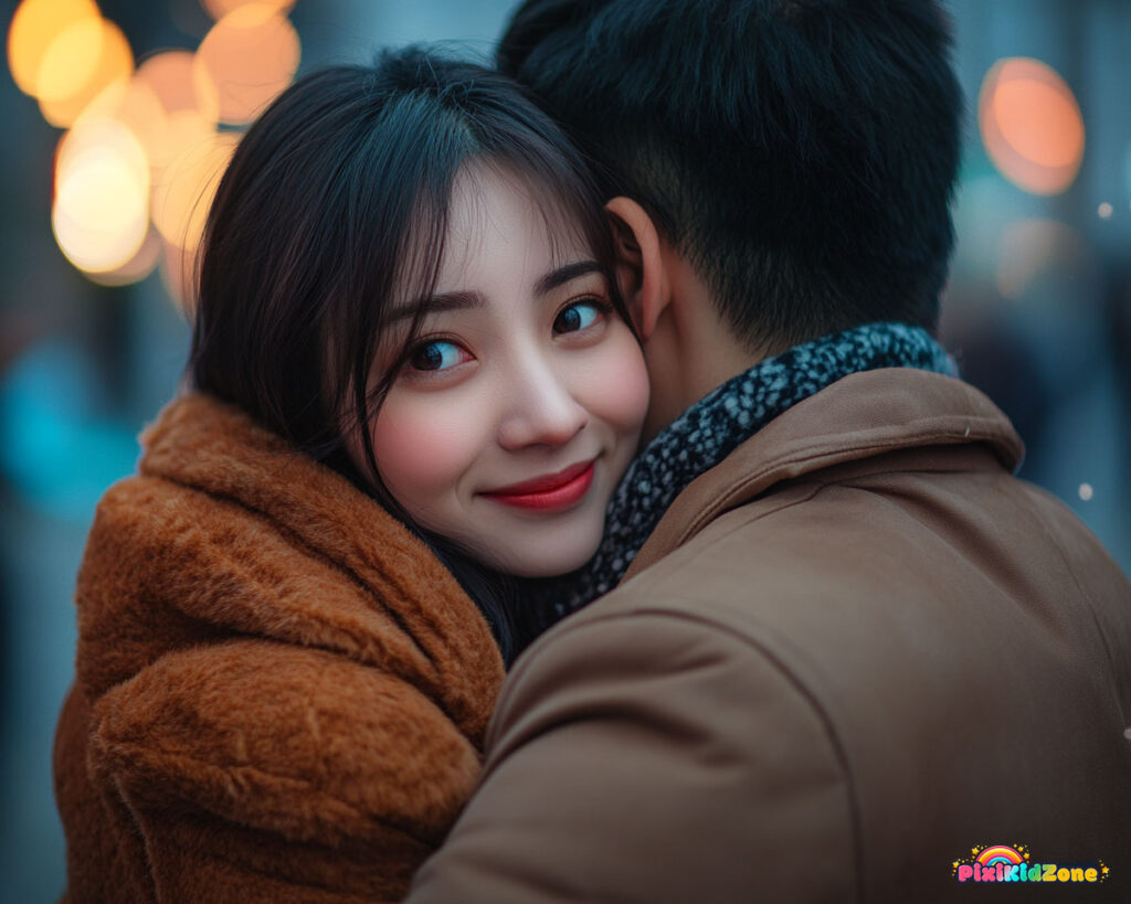 Young Chinese woman in love hugging a Chinese man