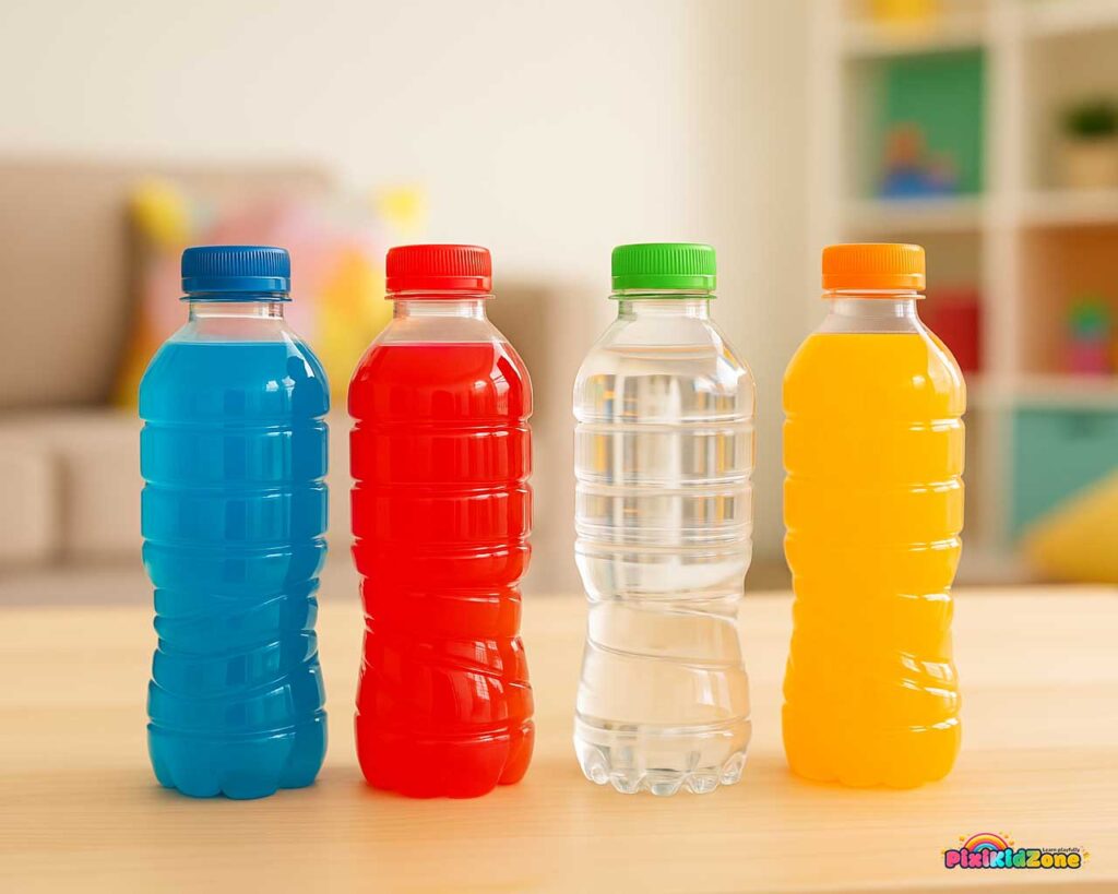 Colorful drinks for kids on table in bright living room for potty training