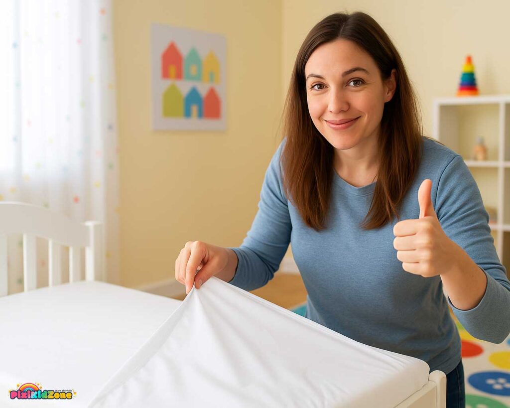Mom fitting mattress protector in cheerful kids’ room.
