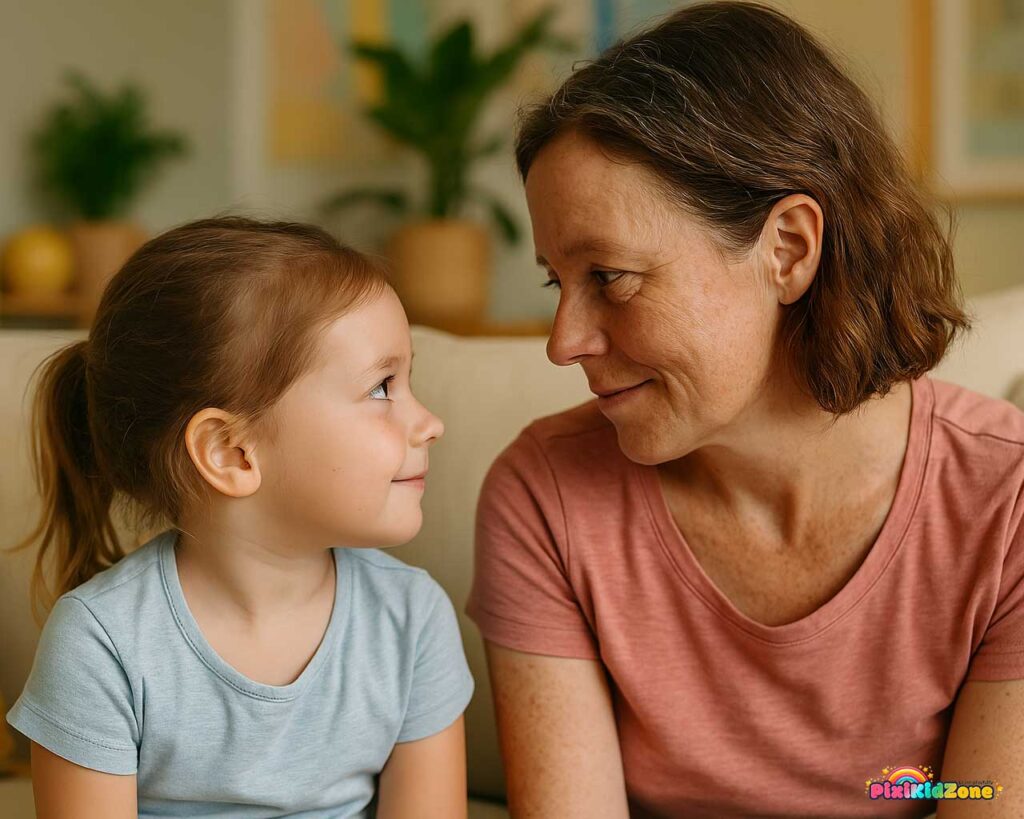 Mother and young daughter smiling, gazing at each other on cozy sofa.