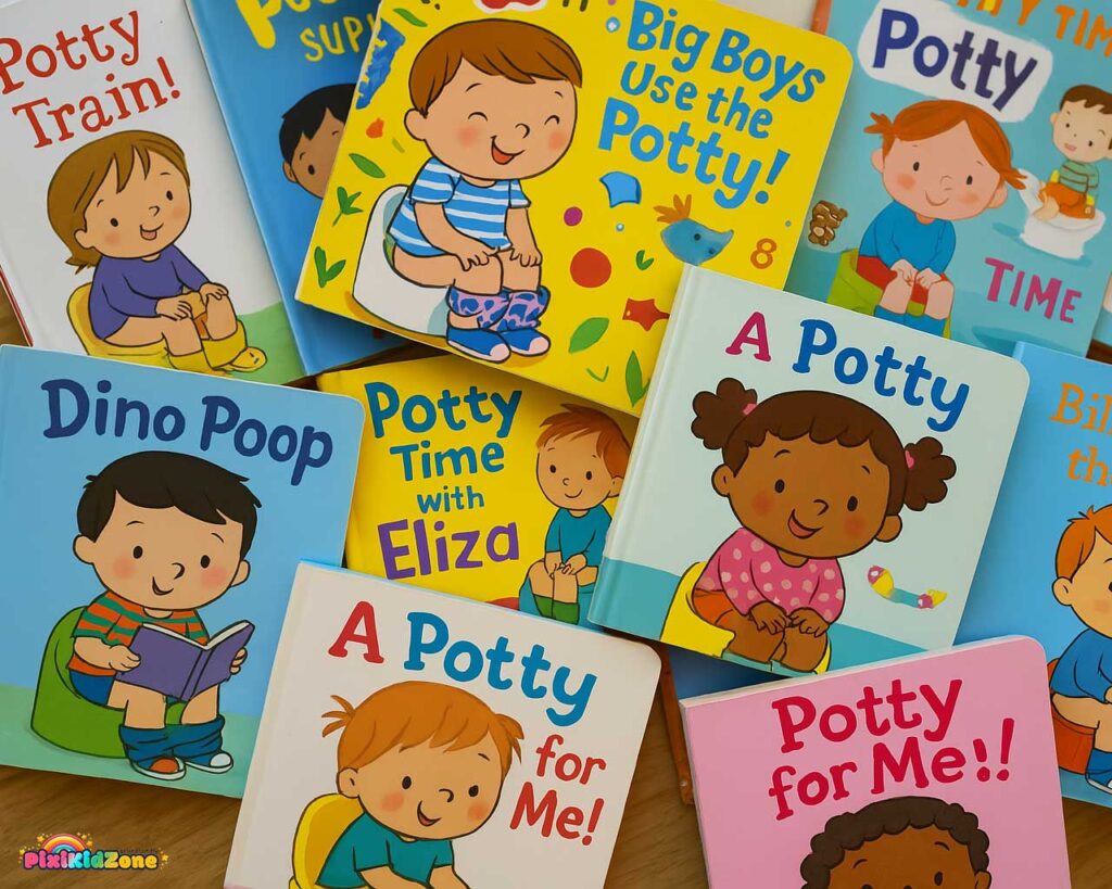 Potty training books with illustrated children covers.