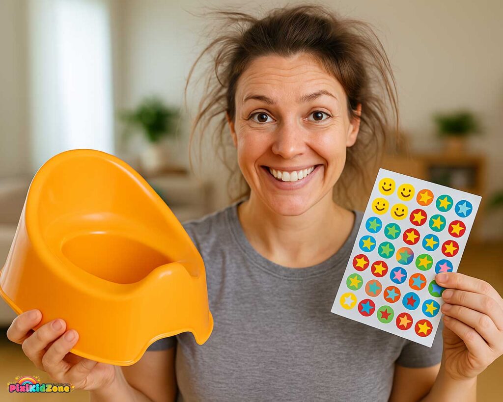 Potty training essential mom with reward stickers.