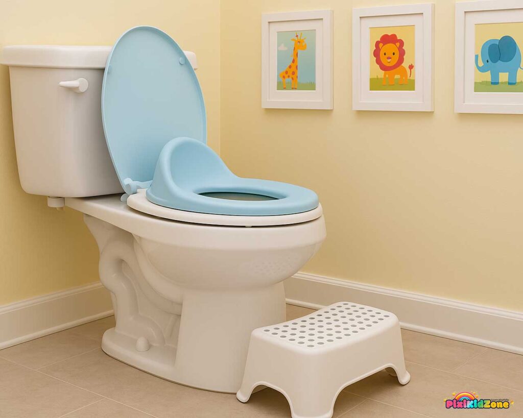Potty training setup with toilet seat reducer.