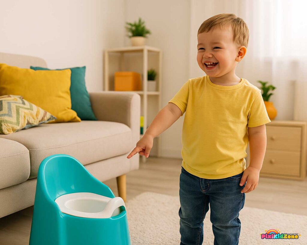Smiling toddler boy pointing at a potty in a cozy bright living room - potty training