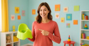 Smiling woman holding potty. - potty training