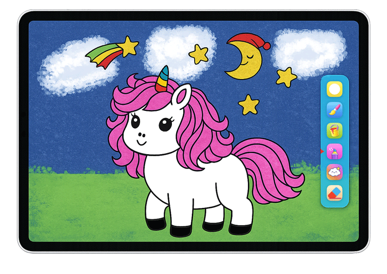 Kids coloring app on a tablet screen, cute unicorn drawing, colorful drawing tool icons